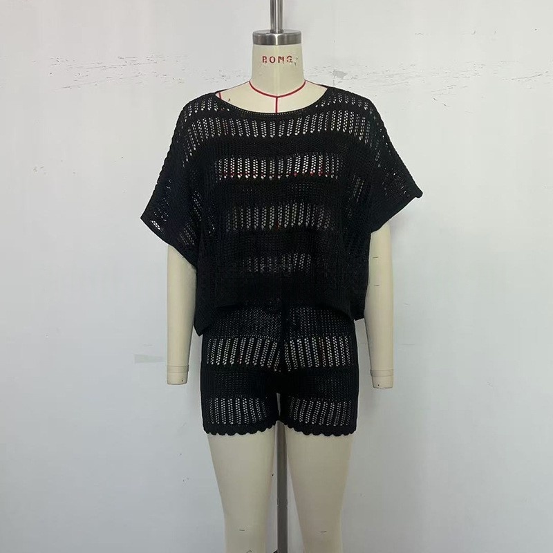 Womens Crochet Knit Two-Piece Set Beach Cover Up Short Sleeve Top with Shorts